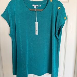 Chico's Travelers Teal Tunic with Gold Button Shoulder Detail
